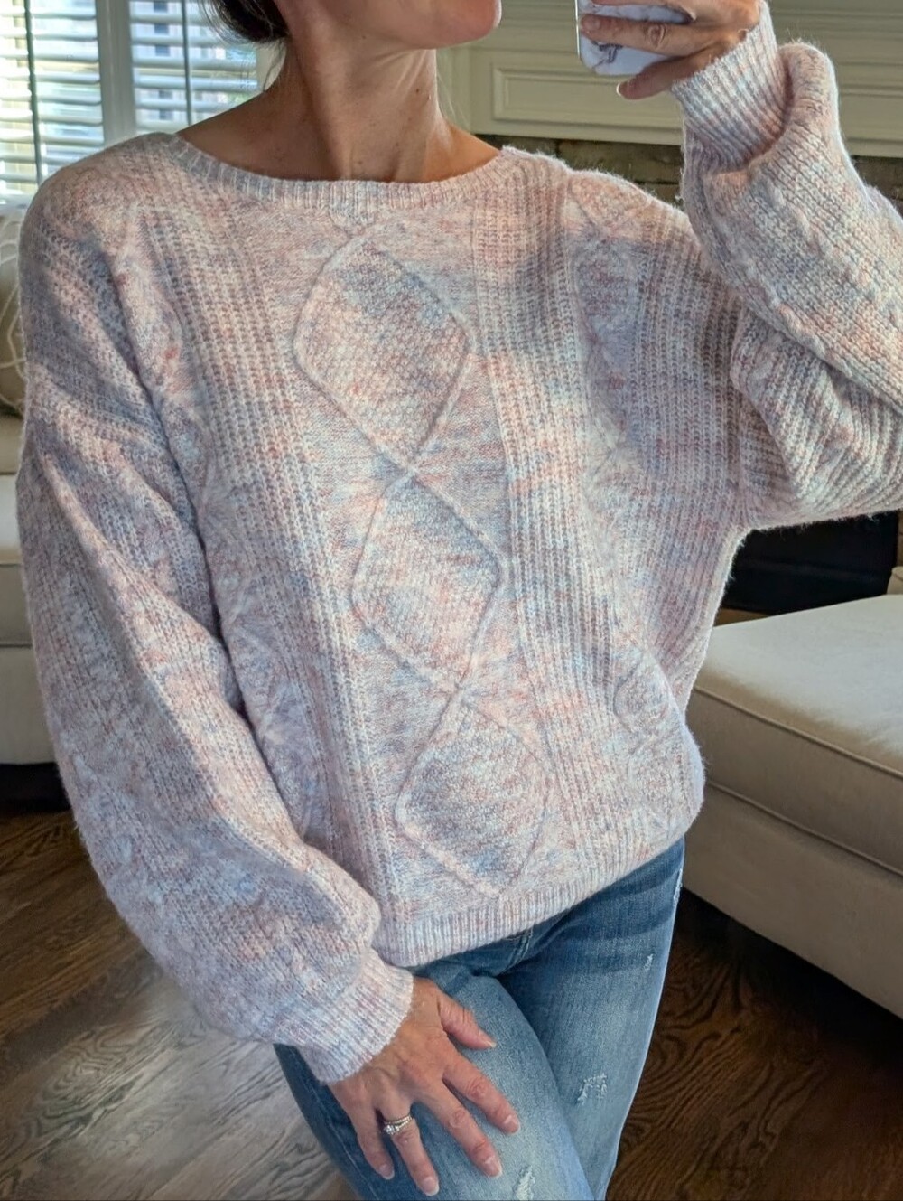 Size Small Cozy Oversized Cable Knit Women's Sweater - Light Pink Marble